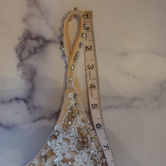 Vintage Y2K Dress 6 Nude Cocktail Party Sequin Beaded Feather Lace Up Back Mini - Picture 11 of 16